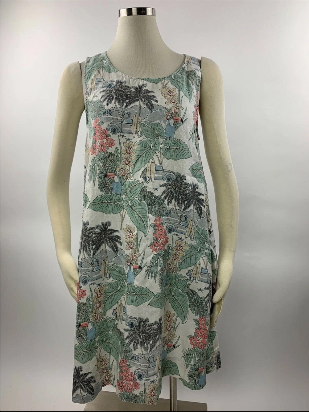 Artisan New York 100% Linen 2X Shift Tropical Leaf Frond Beach Dress Midi